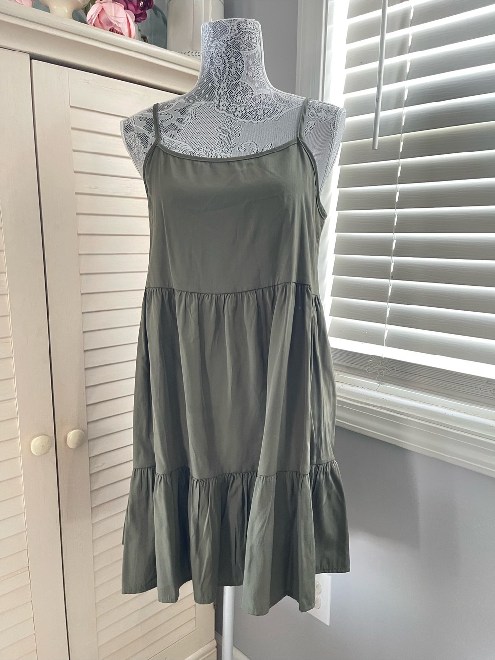 Olive Green Tiered Spaghetti-Strap Dress